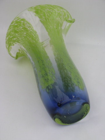 Heavy hand blown art glass vase, cobalt blue and lime green tulip shape