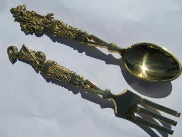 Heavy solid brass salad servers, large fork & spoon, vintage Siam or Thai