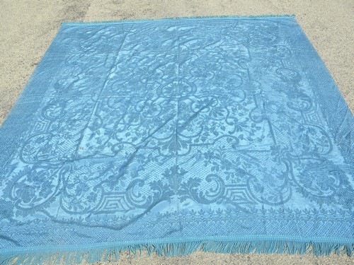 Heavy vintage Italian brocade fabric bed / table cover, fringed coverlet