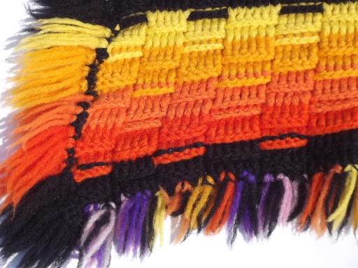 Heavy wool  crocheted knit bedspread blanket, retro orange w/ purple & black