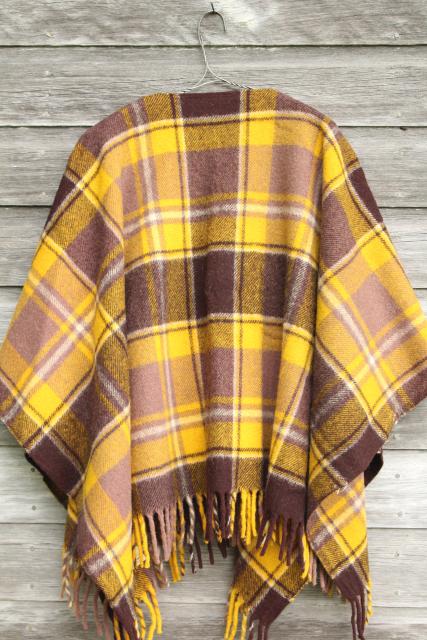 hippie vintage Indian blanket poncho, Faribo fringed wool plaid camp blanket wrap
