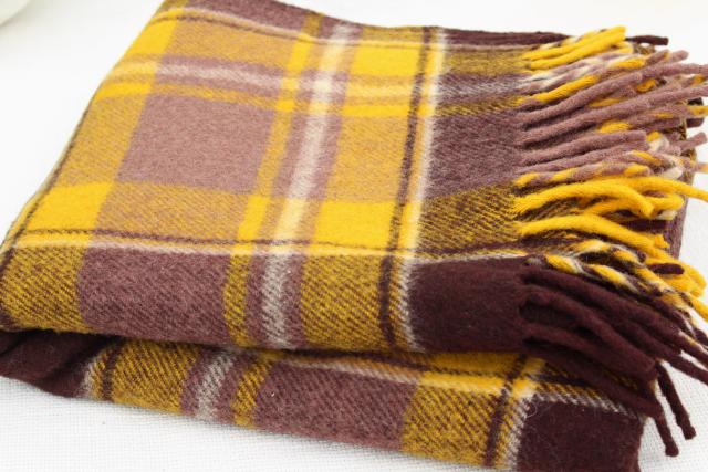 hippie vintage Indian blanket poncho, Faribo fringed wool plaid camp blanket wrap