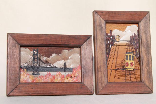 hippie vintage San Francisco original art, brutalist modern paintings miniatures