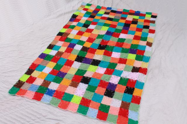 hippie vintage crochet afghan, patchwork blocks cobweb crocheted granny square blanket