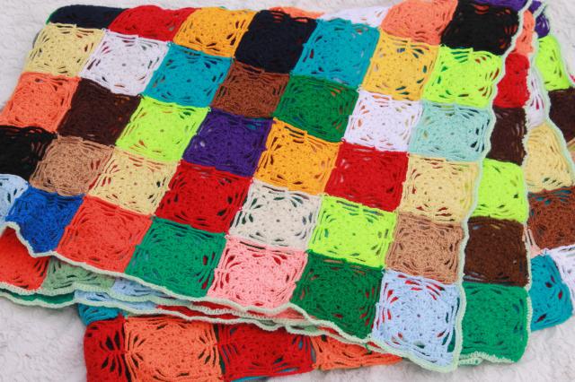 hippie vintage crochet afghan, patchwork blocks cobweb crocheted granny square blanket