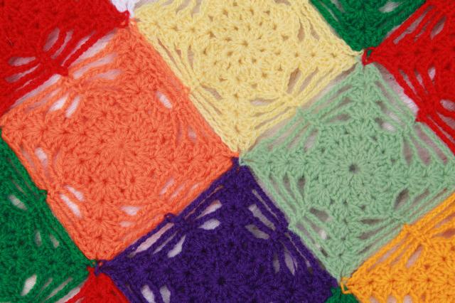 hippie vintage crochet afghan, patchwork blocks cobweb crocheted granny square blanket