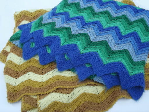 Hippie vintage crochet afghans, chevron stripes in blue / green, golds