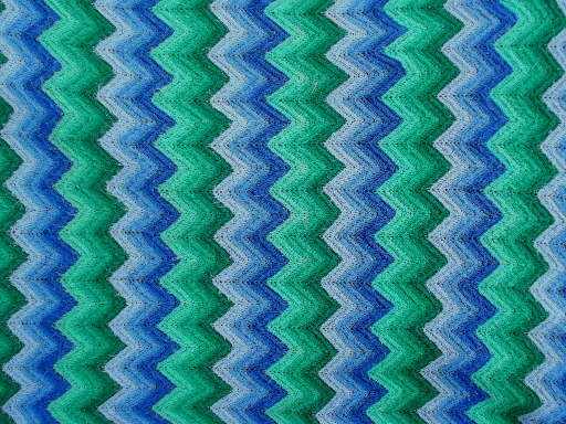Hippie vintage crochet afghans, chevron stripes in blue / green, golds