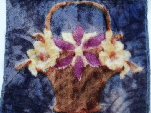 Hippie vintage painted fringed velvet runner and throw pillow, flower basket