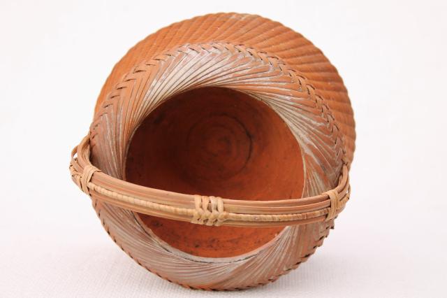 hipster zen vintage planter, woven bamboo basket w/ old terracotta clay plant pot