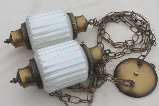 Hollywood regency vintage double light swag lamp pendant fixture w/ opalescent glass shades