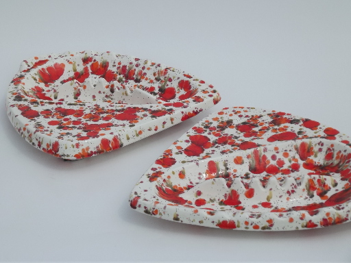 Huge 60s mod triangle ashtrays, flame orange spatter glaze white ceramic