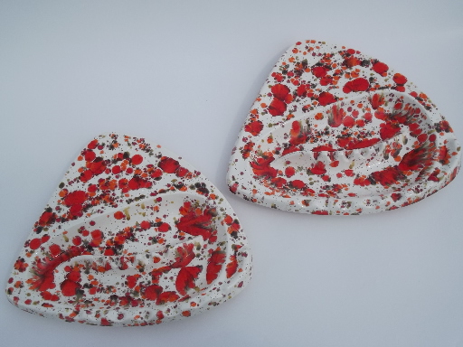 Huge 60s mod triangle ashtrays, flame orange spatter glaze white ceramic