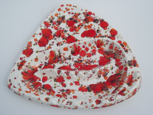 Huge 60s mod triangle ashtrays, flame orange spatter glaze white ceramic