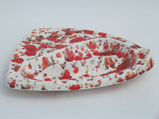 Huge 60s mod triangle ashtrays, flame orange spatter glaze white ceramic