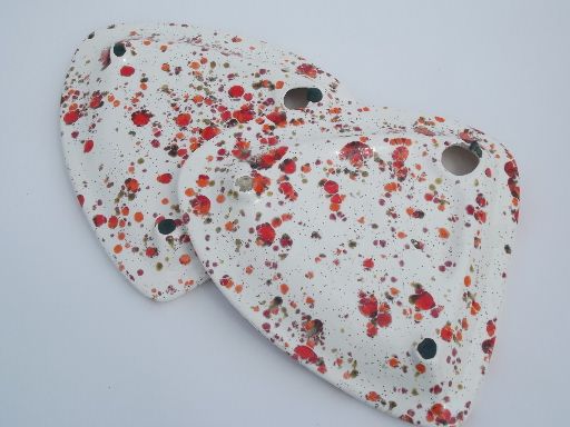 Huge 60s mod triangle ashtrays, flame orange spatter glaze white ceramic