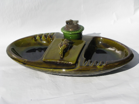 Huge 60s vintage ceramic ashtray, attached cigarette box and lighter