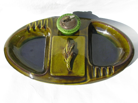 Huge 60s vintage ceramic ashtray, attached cigarette box and lighter