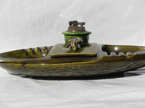 Huge 60s vintage ceramic ashtray, attached cigarette box and lighter