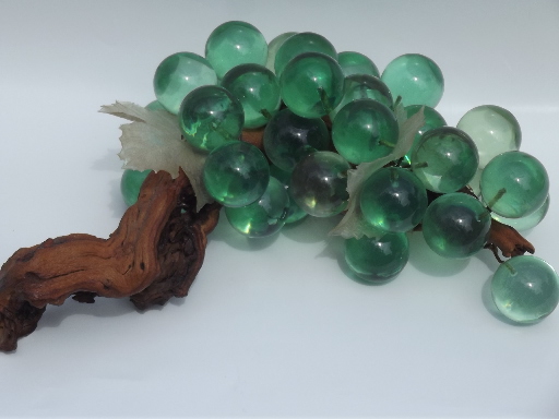 Huge bunch of green lucite grapes on driftwood, retro 60s 70s vintage