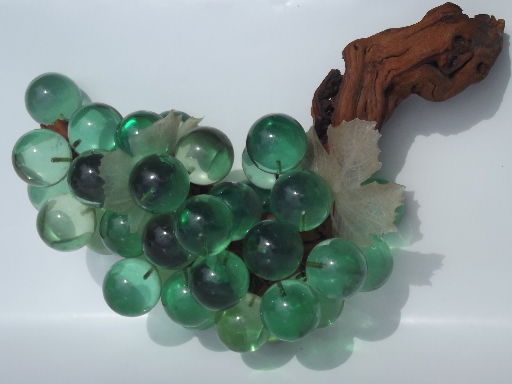 Huge bunch of green lucite grapes on driftwood, retro 60s 70s vintage