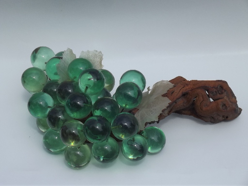 Huge bunch of green lucite grapes on driftwood, retro 60s 70s vintage