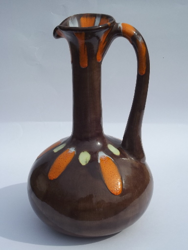 Huge ceramic water jug pitcher, retro vintage flambe orange & brown glaze