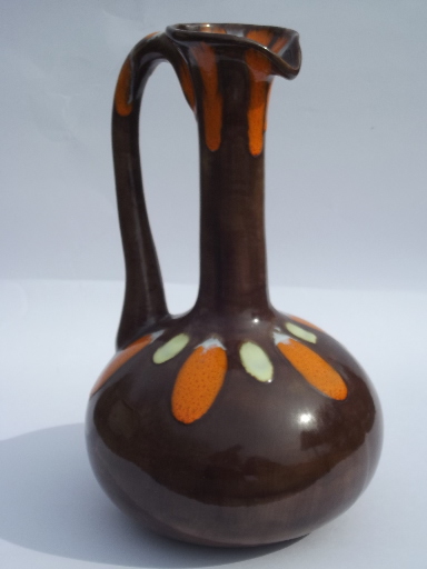 Huge ceramic water jug pitcher, retro vintage flambe orange & brown glaze