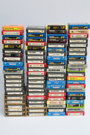 Huge collection of 8 track tapes, 70s vintage music recordings mixed genres