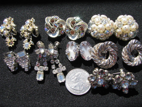 Huge costume jewelry lot vintage clip-on & screw back earrings, 68 pair