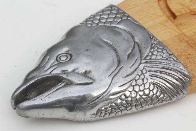 huge fish platter wood carving board w/ metal head & tail, vintage Arthur Court tray