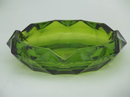 Huge green glass ashtray & round box,  vintage Viking label art glass