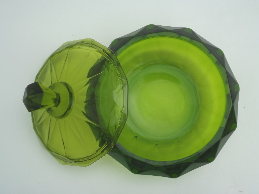 Huge green glass ashtray & round box,  vintage Viking label art glass