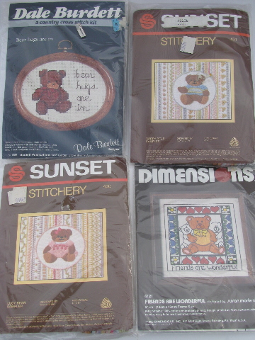 Huge lot needlework kits, teddy bears in needlepoint, cross-stitch