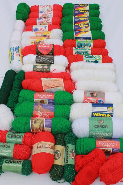 huge lot of vintage acrylic yarn, Christmas colors red & green, white, metallic thread