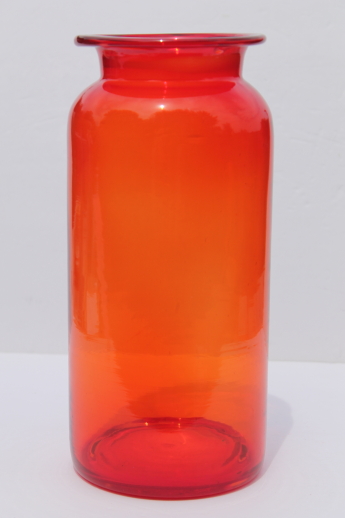 Huge orange glass apothecary bottle canister vase, vintage 60s mod art glass