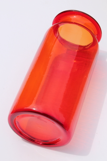 Huge orange glass apothecary bottle canister vase, vintage 60s mod art glass