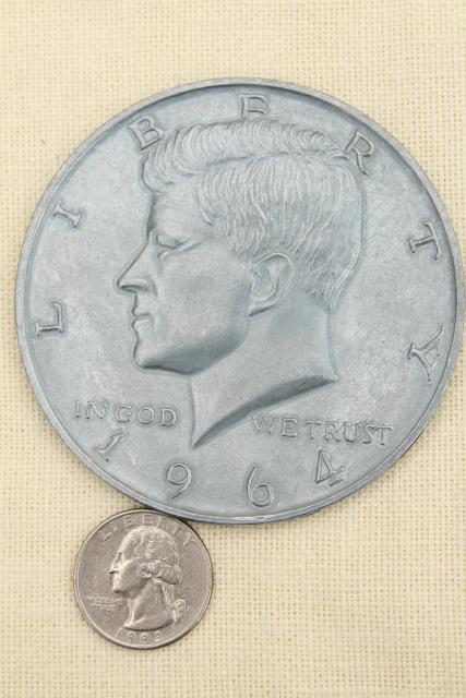 huge oversized play fun money, vintage cast metal coins 1964 half dollar & 1972 penny