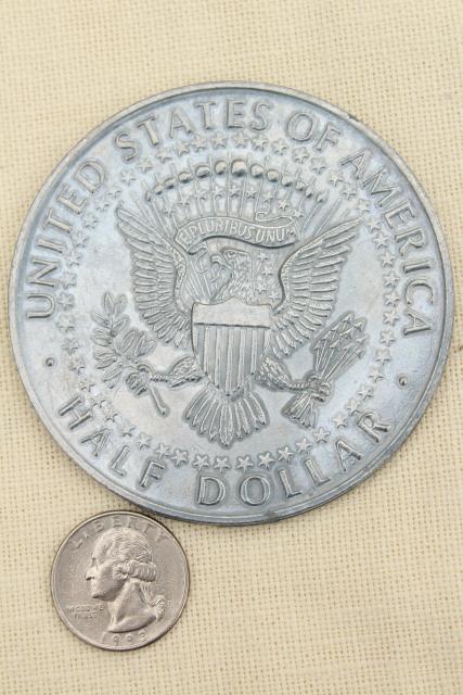 huge oversized play fun money, vintage cast metal coins 1964 half dollar & 1972 penny