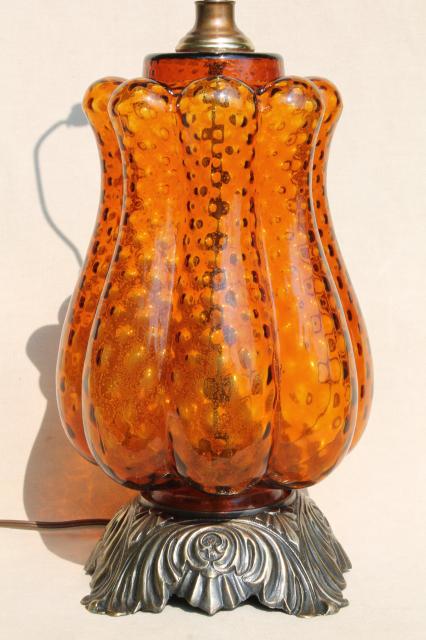 huge retro Italian art glass table lamp w/ hand-blown amber glass base, 60s vintage