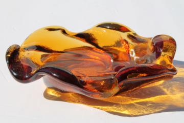 Huge retro art glass ashtray, 60s 70s vintage amber glass