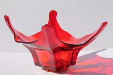 Huge retro art glass bowl w/ mod asymmetrical spiky shape, Viking Epic line red glass