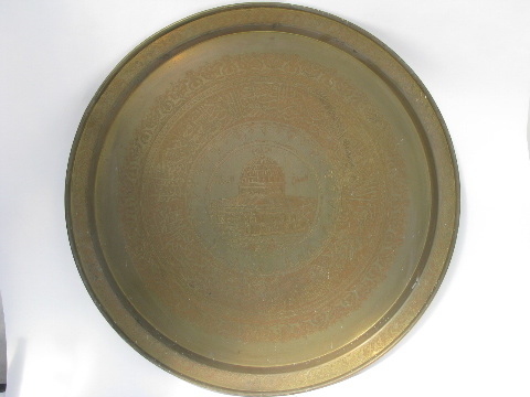 Huge solid brass round tabletop tray, etched mosque design, vintage Egypt