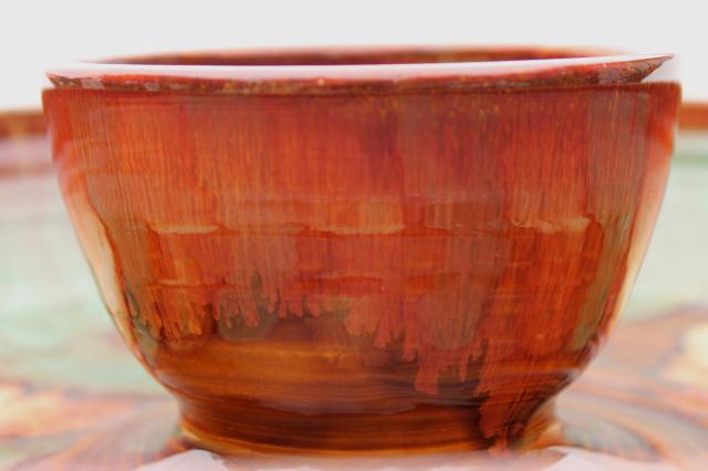 huge spatter drip glaze snack serving chip & dip bowl in rustic colors, vintage Dryden pottery