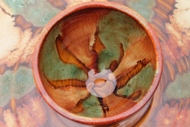 huge spatter drip glaze snack serving chip & dip bowl in rustic colors, vintage Dryden pottery
