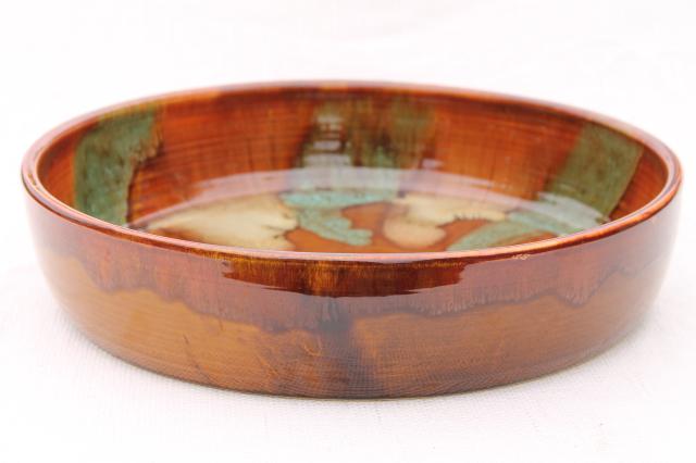huge spatter drip glaze snack serving / salad bowl in rustic colors, vintage Dryden pottery