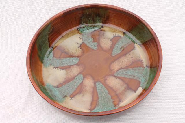 huge spatter drip glaze snack serving / salad bowl in rustic colors, vintage Dryden pottery