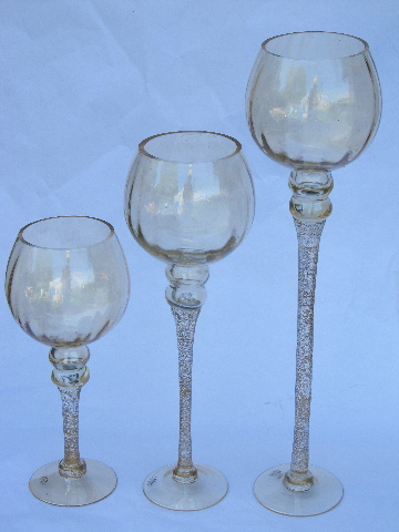 Huge tall stemmed glasses trio, gold fleck blown glass candle holders