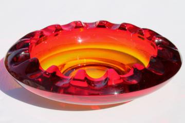 Huge vintage amberina glass ashtray, 60s 70s retro red - orange glass