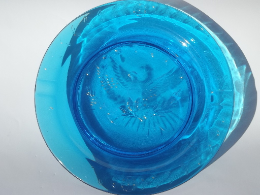 Huge vintage blue glass ashtray, L E Smith glass  Federal eagle ashtray